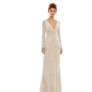 NEW Mac Duggal Ieena Silver Sequin Faux Wrap Gown with Slit (Size 12)